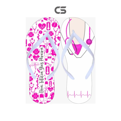 Chinelo Personalizado Medicina Gravuras Rosas Nome do Formando Correias Coloridas