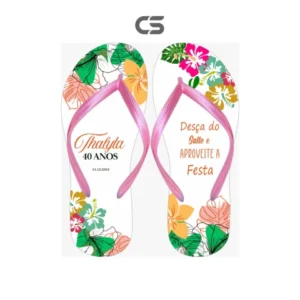 Chinelo Personalizado Aniversário Desenho Flores e Folhas